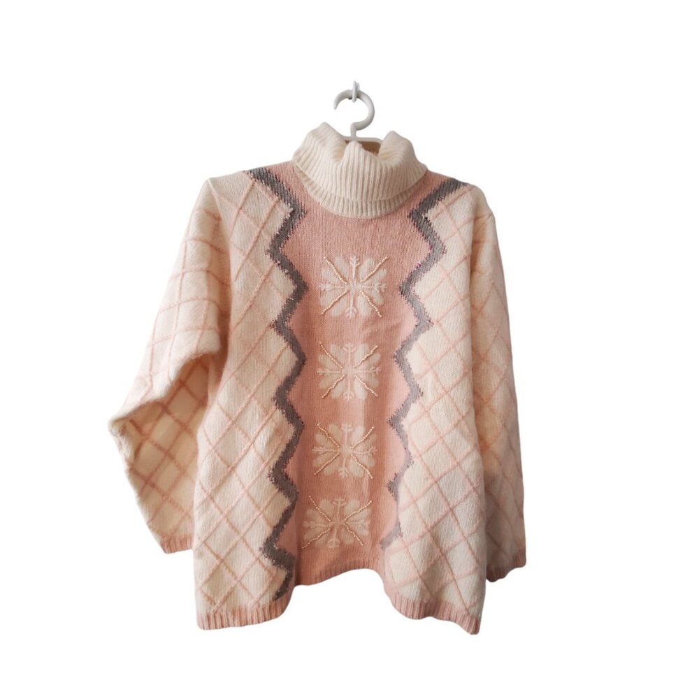 Jeanne Pierre vintage sweater womens M Petite turtleneck lambswool angora beads
